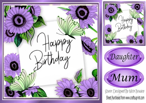 pretty purple flowers and butterflies in 8x8 frame