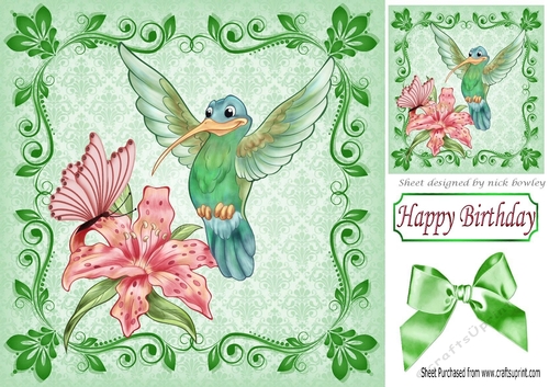 Humming bird with pink lilies in filigree frame 8x8
