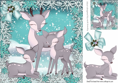 Lovely family of reindeers in the snow with turq bow 8x8