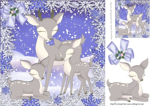Lovely family of reindeers in the snow with lilac bow 8x8