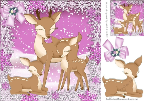 Lovely family of reindeers in the snow with pink bow 8x8