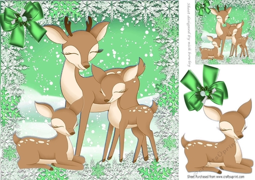 Lovely family of reindeers in the snow with green bow 8x8