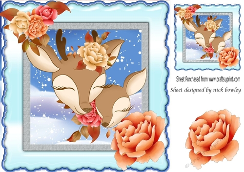 Cute reindeer heads with corner roses & snow 8x8