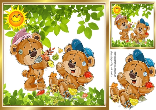 Cute pair of teddy bears playing with leaves 8x8