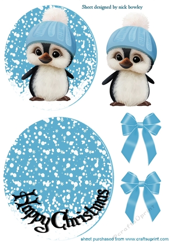 Cute pengy in blue bobble hat rocker card