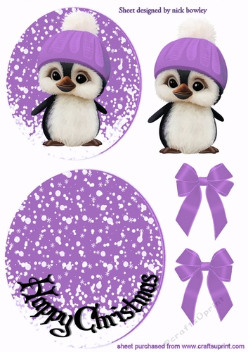 Cute pengy in purple bobble hat rocker card