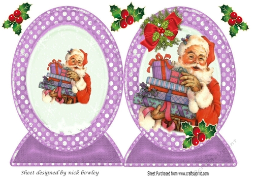 Lovely cut and fold of a vintage santa with red bow and purple frames