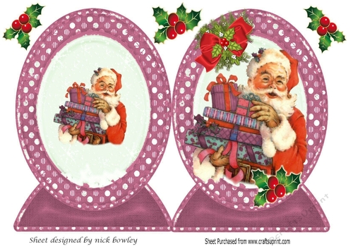 Lovely cut and fold of a vintage santa with red bow pink frame
