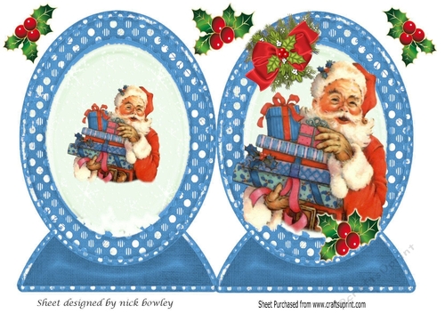 Lovely cut and fold of a vintage santa with red bow blue frame