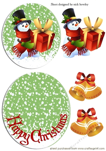 Snowman with presents on rocker card with bells