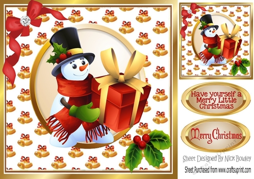 Lovely snowman with presents, bow with holly 8x8