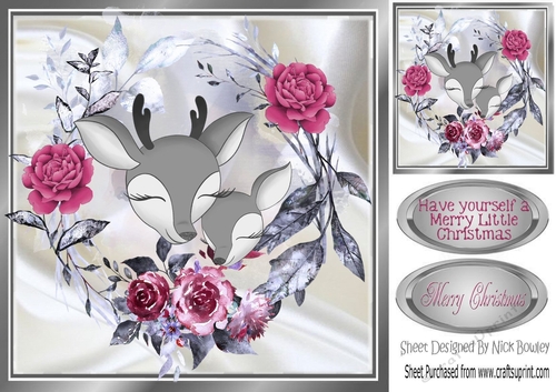 pretty deers with pink roses 8x8