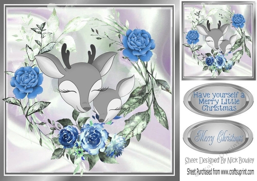 pretty deers with blue roses 8x8