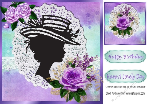 silhouette lady in hat with rainbow and lace with purple roses frame 8x8