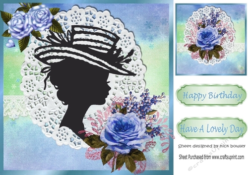 silhouette lady in hat with rainbow and lace with blue roses frame 8x8