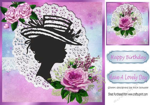 silhouette lady in hat with rainbow and lace with pink roses frame 8x8