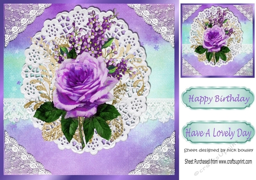 Pretty rainbow purple with oval lace and border with purple roses 8x8