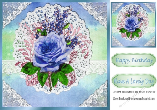 Pretty rainbow blue with oval lace and border with blue roses 8x8