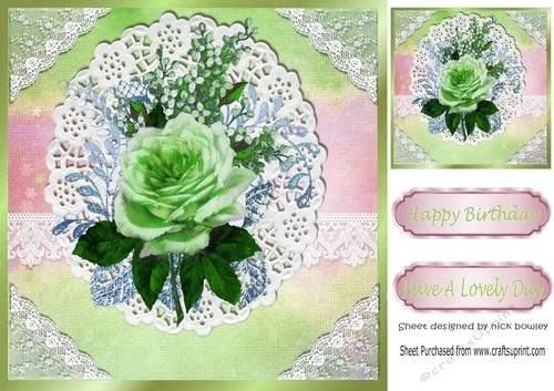 Pretty rainbow green with oval lace and border with green roses 8x8