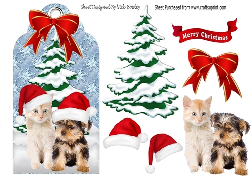 Cute kitten & Puppy in santa hats in the snow on a tag