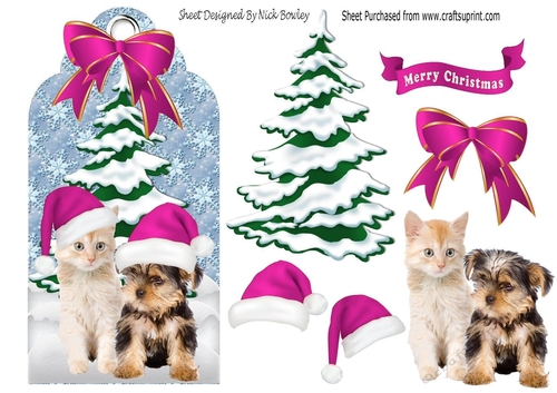 Cute kitten & Puppy in pink santa hats in the snow on a tag