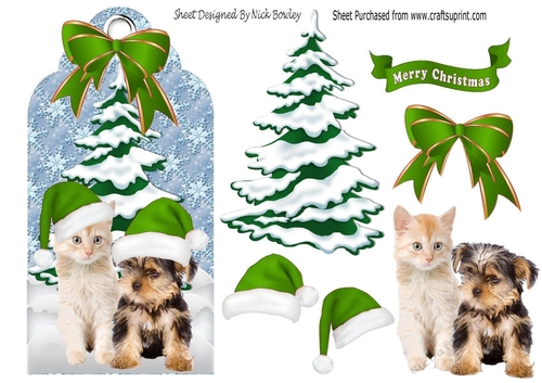 Cute kitten & Puppy in green santa hats in the snow on a tag