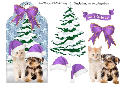 Cute kitten & Puppy in purple santa hats in the snow on a tag