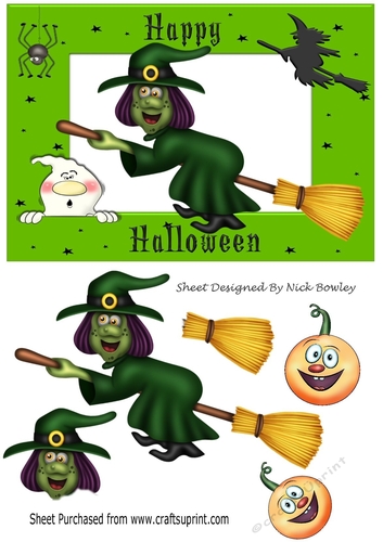 Green witchy on a broomstick with pumpkins A5