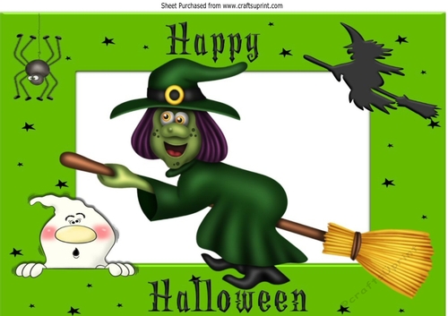 Green witchy on a broomstick with pumpkins A4