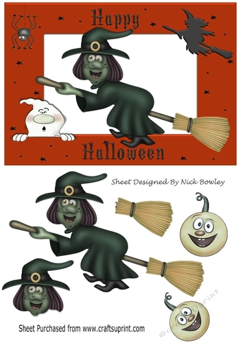 Grey witchy on a broomstick with pumpkins A5