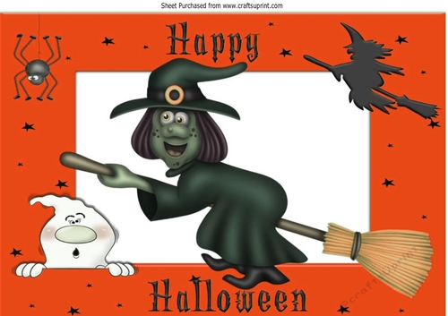 Grey witchy on a broomstick with pumpkins A4