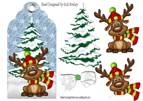 Cute reindeer in wooly hat & scarf on a tag