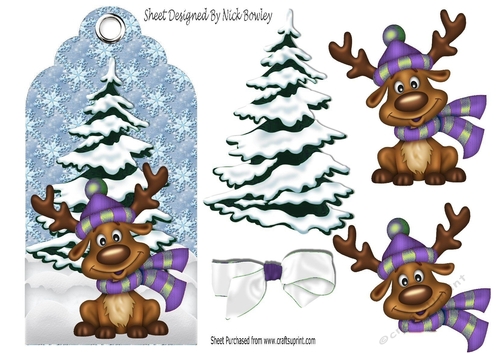 Cute reindeer in wooly hat & scarf (purple) on a tag