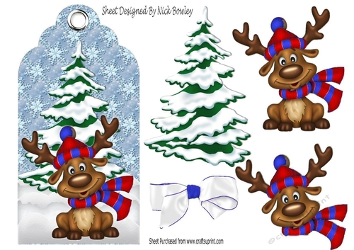 Cute reindeer in wooly hat & scarf (blue) on a tag