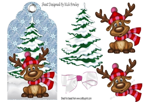 Cute reindeer in wooly hat & scarf (pink) on a tag