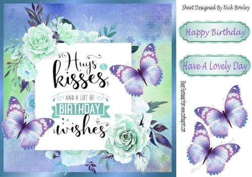Hugs & Kisses Birthday wishes with butterflies & blue roses 8x8
