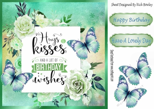 Hugs & Kisses Birthday wishes with butterflies & cream roses 8x8