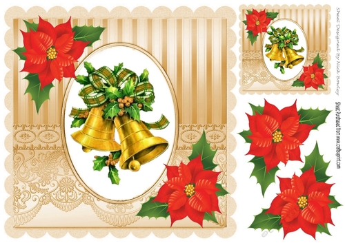 Christmas gold bells with red poinsettias 8x8
