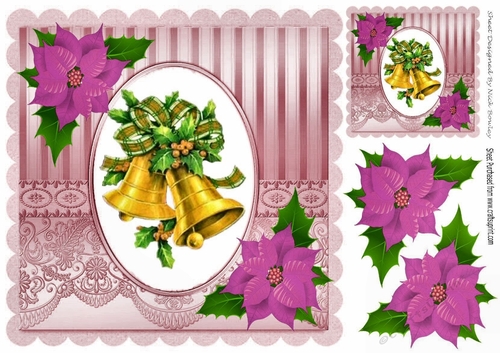 Christmas gold bells with pink poinsettias 8x8