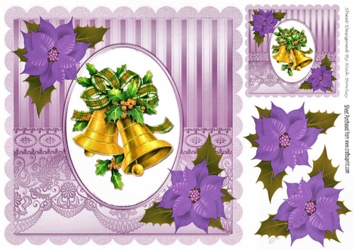 Christmas gold bells with purple poinsettias 8x8