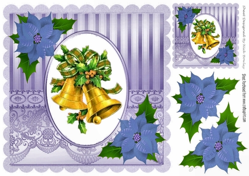 Christmas gold bells with blue poinsettias 8x8