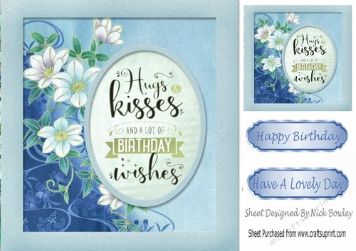 Blue HUGS & KISSES with flowers 8x8 Card Front