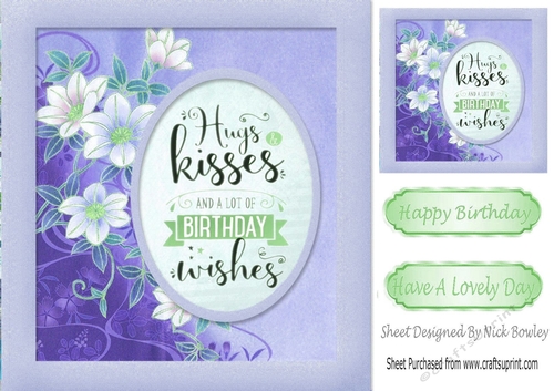 purple HUGS & KISSES with flowers 8x8 Card Front