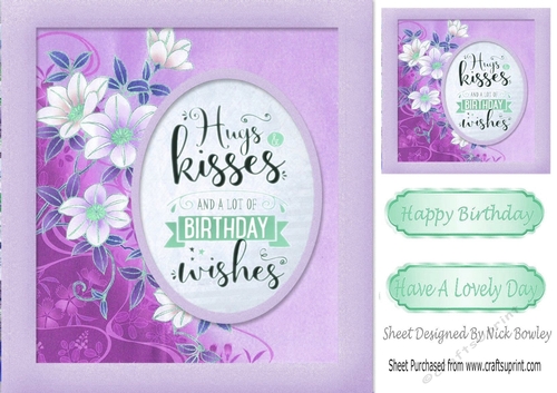 Lilac HUGS & KISSES with flowers 8x8 Card Front