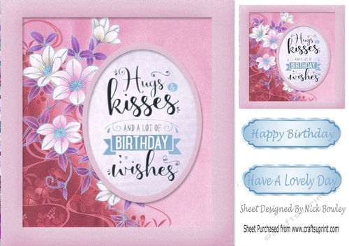 Pink HUGS & KISSES with flowers 8x8 Card Front
