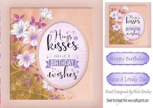 Peach HUGS & KISSES with flowers 8x8 Card Front