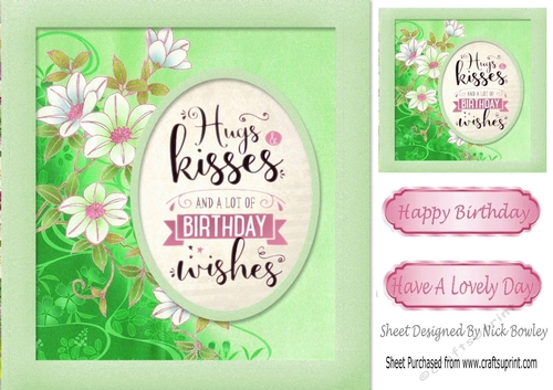 Green HUGS & KISSES with flowers 8x8 Card Front
