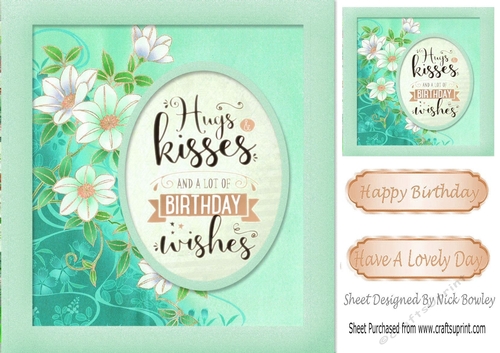 Turq HUGS & KISSES with flowers 8x8 Card Front