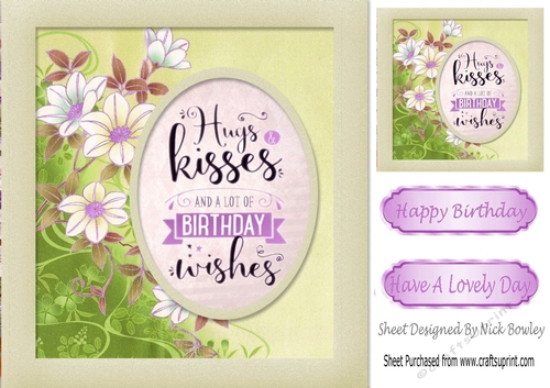 Lime HUGS & KISSES with flowers 8x8 Card Front