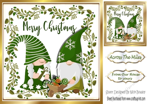 cute pair of christmas gnomes in holly frame (green) 8x8